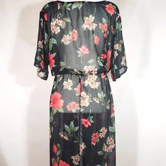 Dark floral Sheer kimono topper with tie waist Women’s 3X - Picture 2 of 8